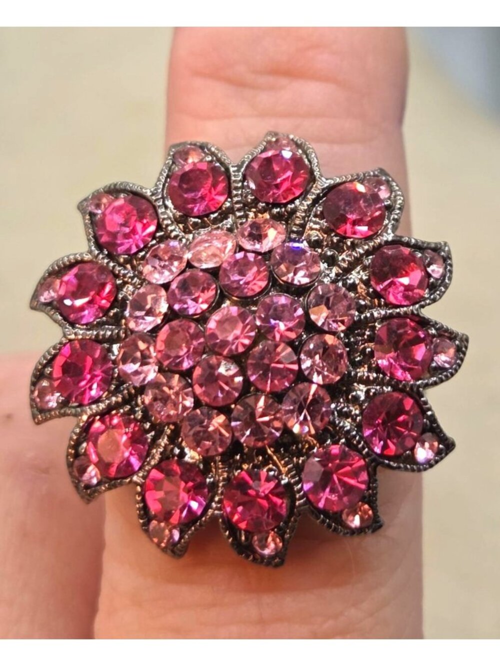 Pink Rhinestone Floral Statement Ring Adjustable Fit - Picture 3 of 3